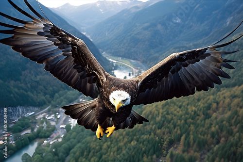 Bird s Eye View  A soaring bald eagle in flight over a mountain range. Generative ai.