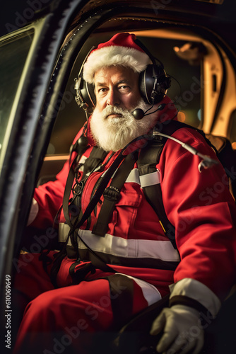 A man in a santa suit sitting in a plane. Generative AI.