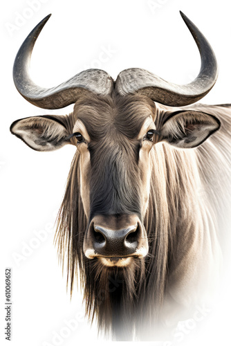 close up of a wildebeest isolated on a transparent background