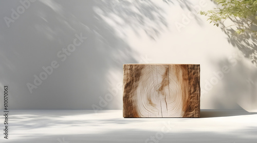 Fototapeta Naklejka Na Ścianę i Meble -  Creative minimal concept. Wooden wood block podium with natural plant blurred shadow background. Mock up template for product presentation. 3D rendering. copy text space	
