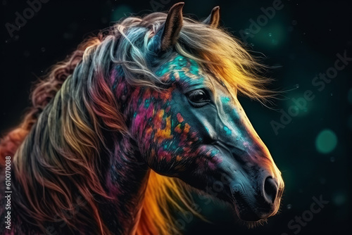 Abstract neon horse on black background, AI Generated © staras