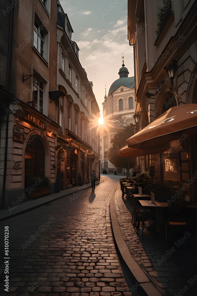 gems of a charming European city as the sun sets, capturing the cobblestone streets and historic architecture with a wide-angle lens, creating a nostalgic and enchanting atmosphere, Generative AI 