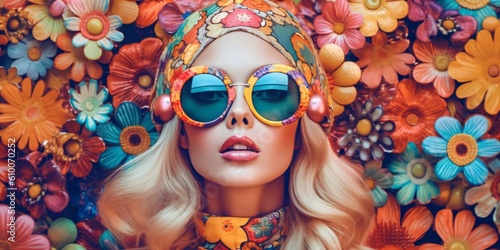 a beautiful flower power woman with cool sunglasses, fictional person created with generative ai