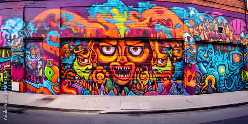 Street Art Scene: A vibrant urban setting with colorful graffiti murals. Generative ai. © ckybe