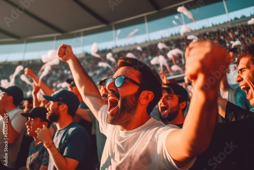 Fototapeta group of joyful fans at the stadium celebrating the victory of their team footba
