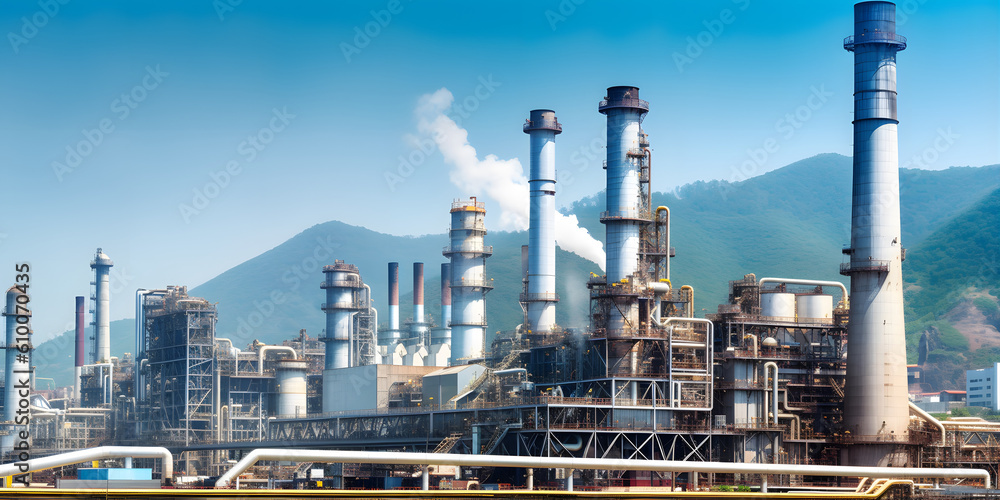 Industrial Architecture: An impressive shot of a large factory or industrial site with machinery and smokestacks. Generative ai.