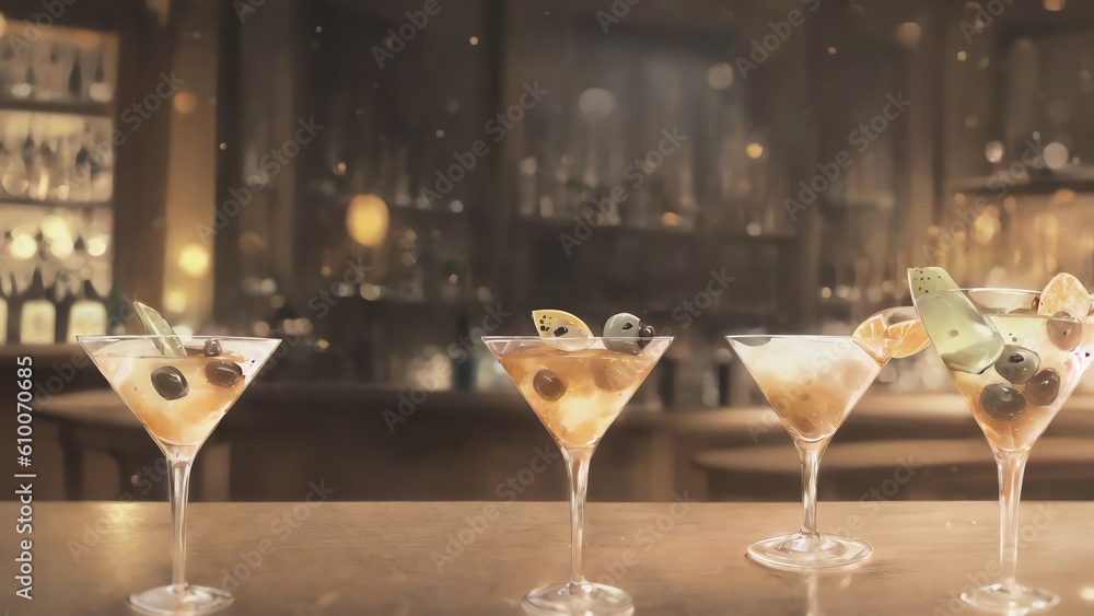 Dry Martini With Olives In A Triangle Glass At Bar Party. Generative AI Dry Martini With Olives In A Triangle Glass At Bar Party. Generative AI