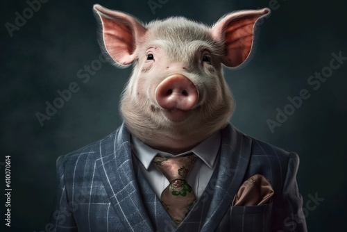 Portrait of a Pig dressed in a formal business suit, generative AI