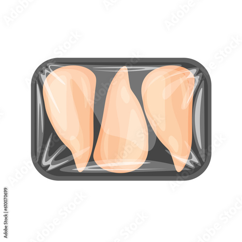 Frozen or fresh chicken meat in polyethylene package tray. Plastic pack supermarket container with turkey fillet. Vector illustration isolated.