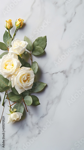 A bouquet of white roses on a marble surface. Generative AI. Copy space, place for text, copyspace.