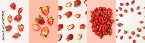 Collage with many ripe strawberries, top view
