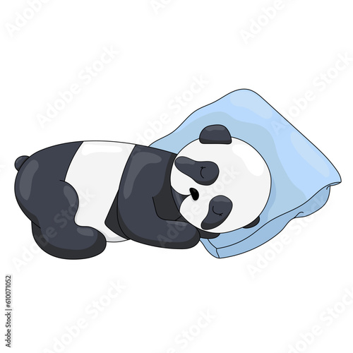 A cute panda lies on a pillow and sleeps on a white background. Vector illustration. Beautiful black and white animal.