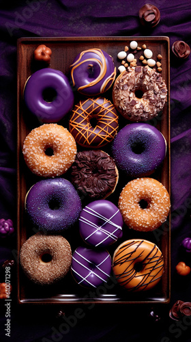 Plate of colorful donuts with purple orange decorations, Generative AI photo