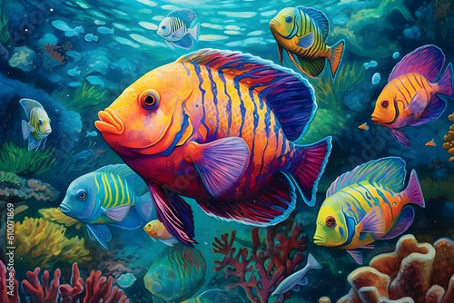 Underwater Wonders: Colorful tropical fish swimming in a coral reef. Generative ai. © ckybe