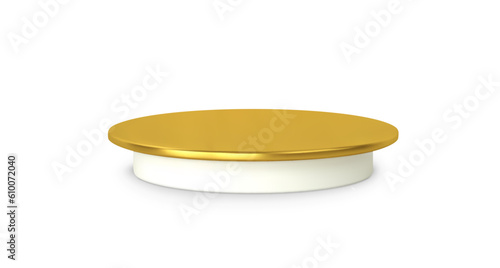 White golden podium base platform isolated. 3d round blank stand pedestal for product presentation.Vector cylinder shape. Podium mockup realistic illustration