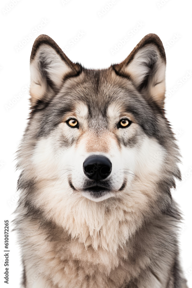 close up of a gray wolf isolated on a transparent background