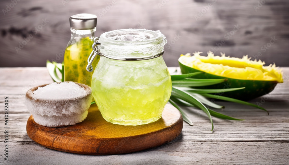 Organic honey jar on rustic table with fresh fruit and herbs generated by AI Organic honey jar on rustic table with fresh fruit and herbs generated by AI