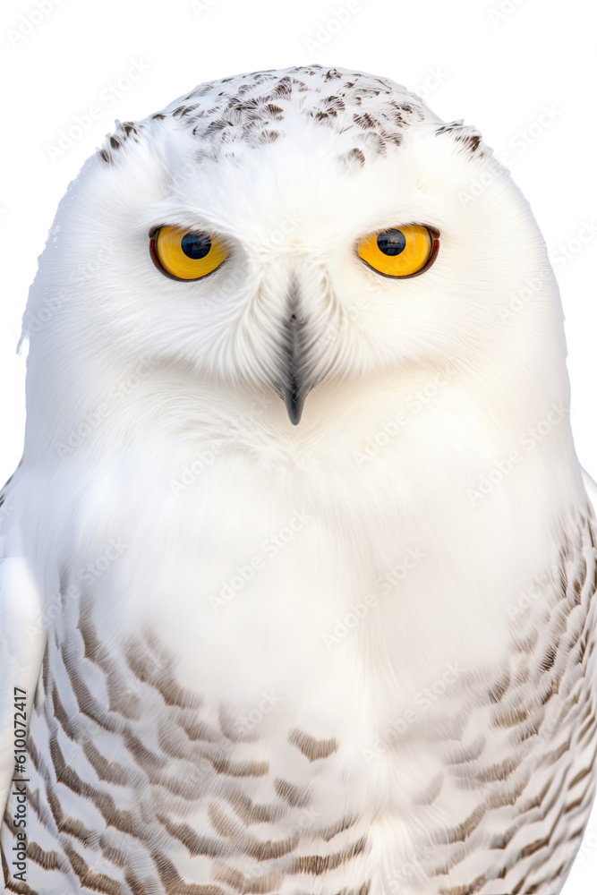 close up of a snowy owl isolated on a transparent background