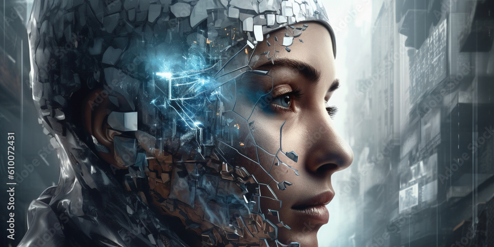 art of the mind, fragmented portraiture, silver and aquamarine, frostpunk, cracked, uhd image, shining technological design art of the mind, fragmented portraiture, silver and aquamarine, frostpunk, cracked, uhd image, shining technological design