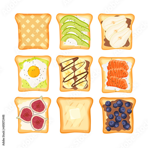 Salt and sweet toast big set. Tasty healthy breakfast. Delicious open sandwich with fish slices, egg, avocado, butter, cream cheese. Vector bread.