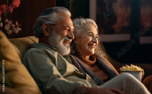 happy Elderly man and woman are sitting on the sofa and watching a movie .Generative A Generative AI