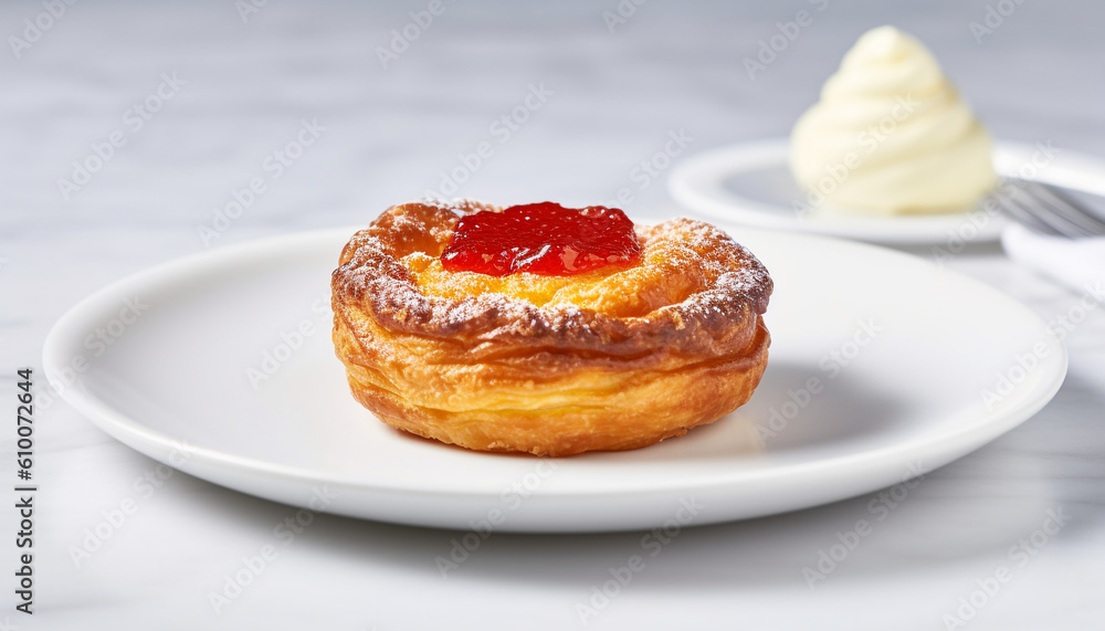 Homemade sweet pie with whipped cream and raspberry on plate generated by AI Homemade sweet pie with whipped cream and raspberry on plate generated by AI