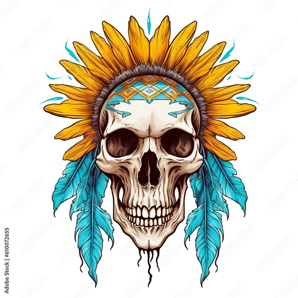 A skull wearing an indian headdress with feathers. Generative AI. A skull wearing an indian headdress with feathers. Generative AI.