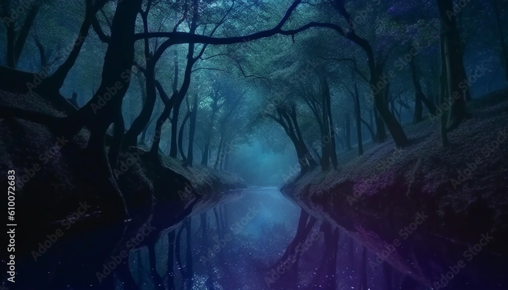 Mystery forest spooky silhouette, tranquil scene, autumn leaves, blue reflection generated by AI
