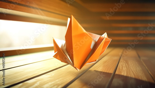Origami sailboat journeys on paper seas with creative imagination generated by AI © djvstock