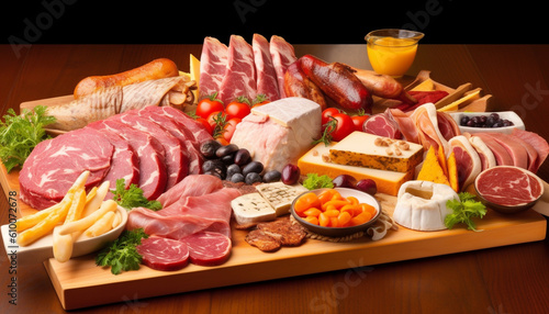 Variety of gourmet meats on rustic wooden cutting board generated by AI