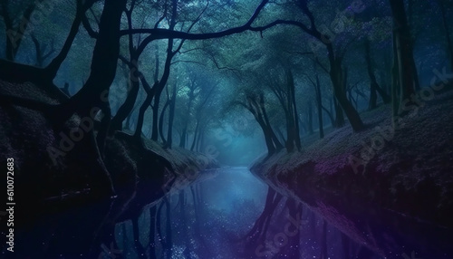 Mystery forest spooky silhouette, tranquil scene, autumn leaves, blue reflection generated by AI