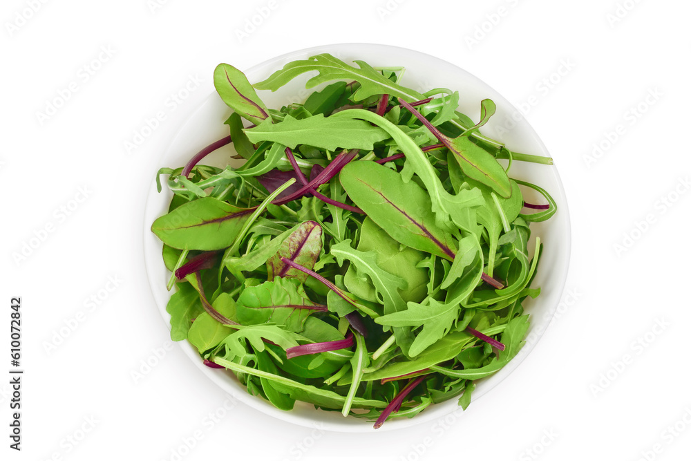 Mix salad - arugula, spinach and chard in the bowl isolated on white background. Top view. Flat lay Mix salad - arugula, spinach and chard in the bowl isolated on white background. Top view. Flat lay
