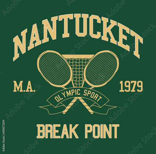 retro tennis with racket, ball and laurel. city nantucket, logo slogan graphic, break point, Country club summer SS23 tennis crest sport 
