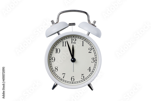 White retro alarm clock isolated on transparent background. Vintage alarm clock for design.