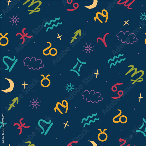 Seamless pattern with stars and zodiac signs. Vector graphics.