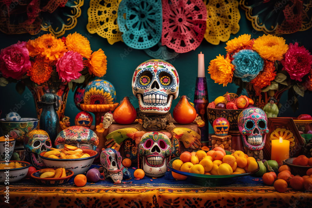 A table topped with lots of different types of decorations. AI generative. Day of the Dead picturesque display