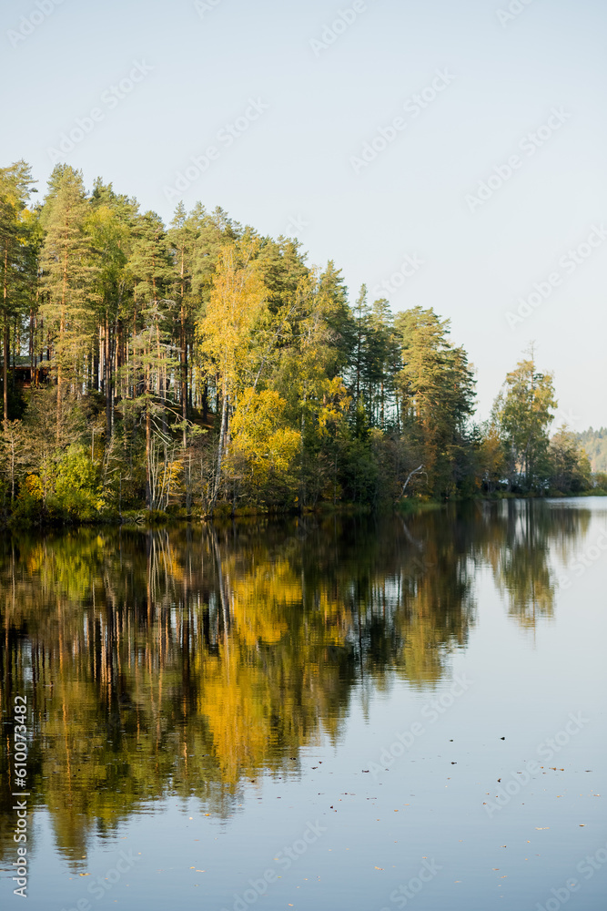 Autumn colorful foliage with lake reflection.Cloudy sky over autumn lake.forest river nature landscape