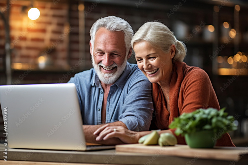 Smiling middle aged husband and wife in their 50s having fun, buying insurance, paying bills online .Generative AI Smiling middle aged husband and wife in their 50s having fun, buying insurance, paying bills online .Generative AI