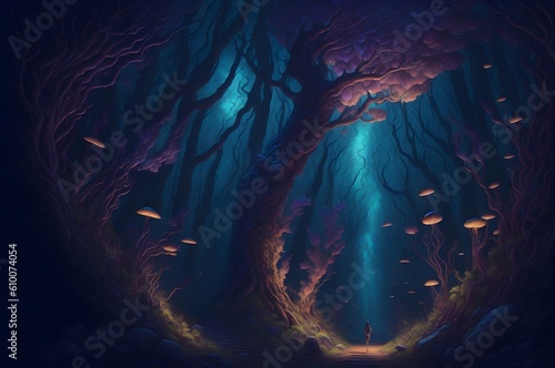 Luminous Enchantment: Mystical Forest with Luminous Creatures, Glowing Mushrooms, and Vibrant Foliage