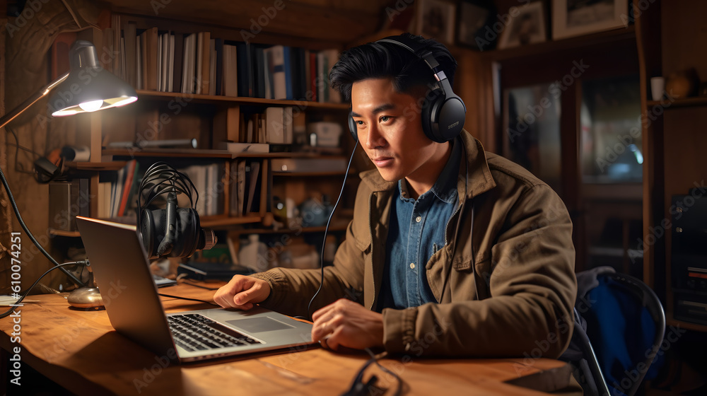 Young asian businessman working on laptop computer wearing headphone at home, business man wearing headset for video conference. Сreated with Generative AI technology.