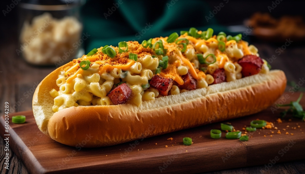 Grilled beef and pork, hot dog, and bratwurst on wood generated by AI Grilled beef and pork, hot dog, and bratwurst on wood generated by AI