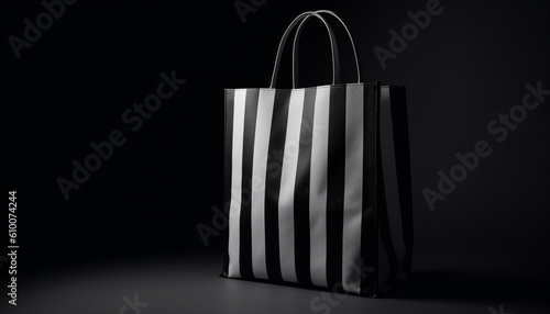 Black striped paper bag with handle, empty and reusable generated by AI