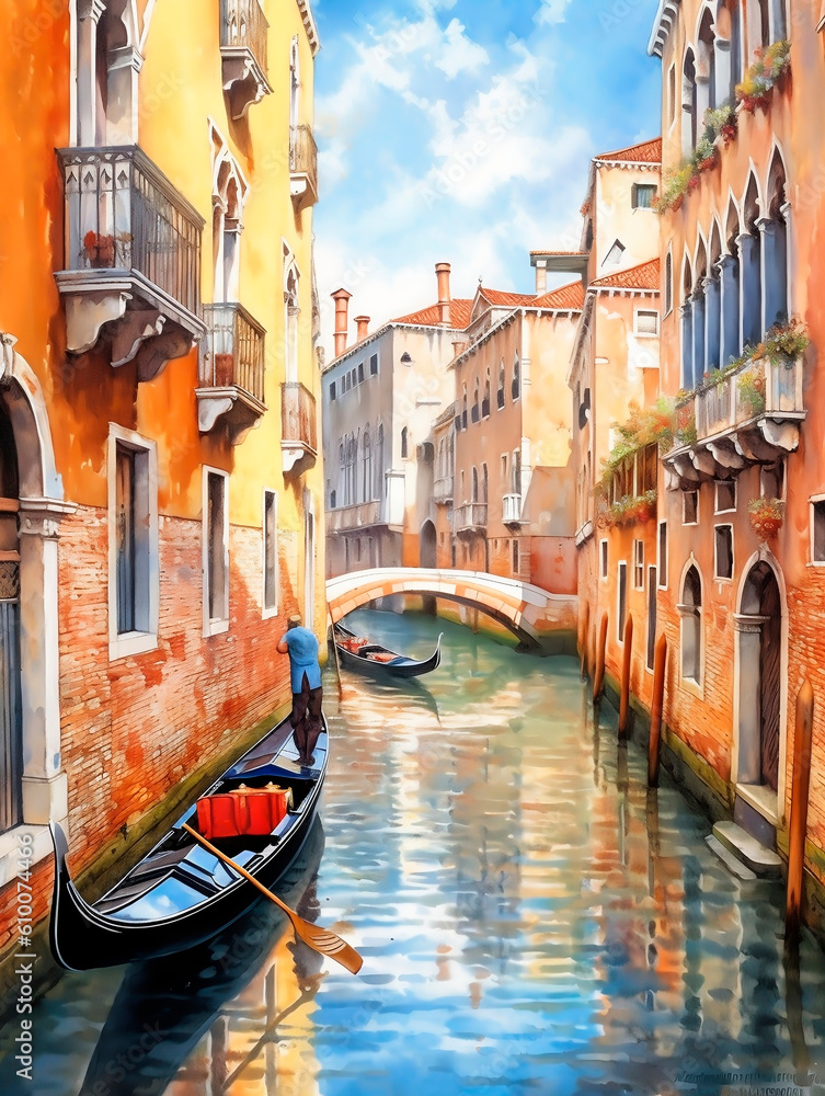 Gondola on the canal in Venice, Italy. Digital painting.AI Generated.