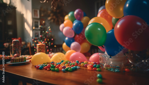 Vibrant colors, balloons, candy, and gifts create a cheerful celebration generated by AI