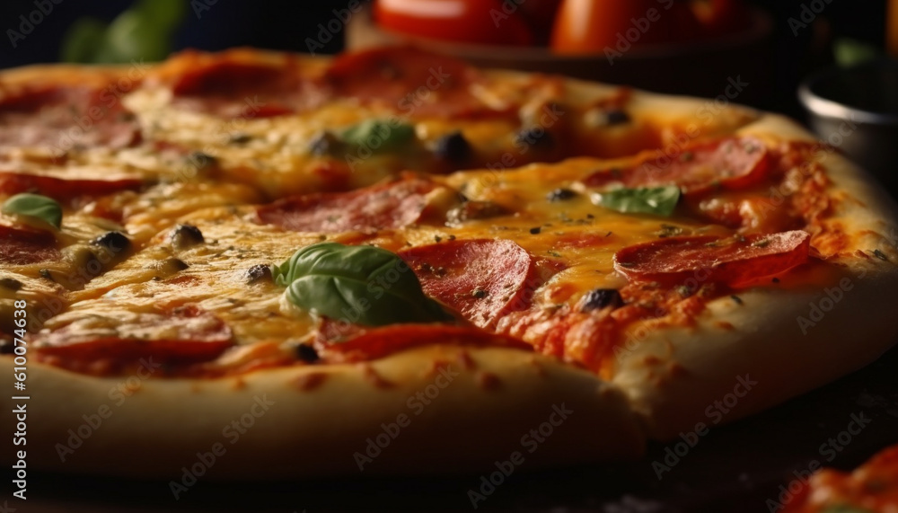 Freshly baked gourmet pizza with mozzarella, salami, and vegetables generated by AI