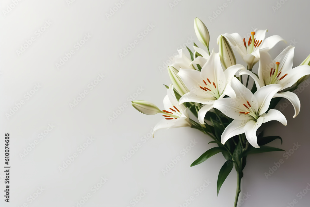 White lily flowers sitting on top of a table. Generative AI. Copy space, place for text, copyspace.