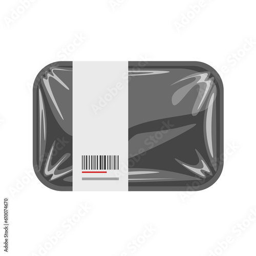 Transparent black plastic food container. Empty product tray box pack. Vector tray with cellophane cover. Template or mockup. Packaging design.
