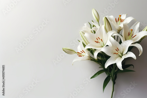 White lily flowers sitting on top of a table. Generative AI. Copy space, place for text, copyspace.