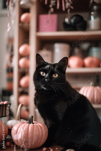 AI generative funny Halloween arrangement in pastel colors. A black cat sitting in front of a shelf full of pumpkins.