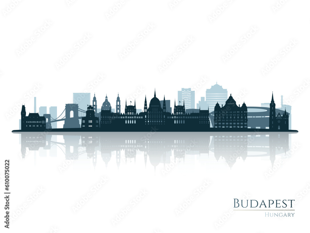 Budapest skyline silhouette with reflection. Landscape Budapest, Hungary. Vector illustration.